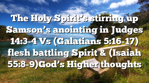 The Holy Spirit’s stirring up Samson’s anointing in Judges 14:3-4 Vs (Galatians 5:16-17) flesh battling Spirit & (Isaiah 55:8-9)God’s Higher thoughts