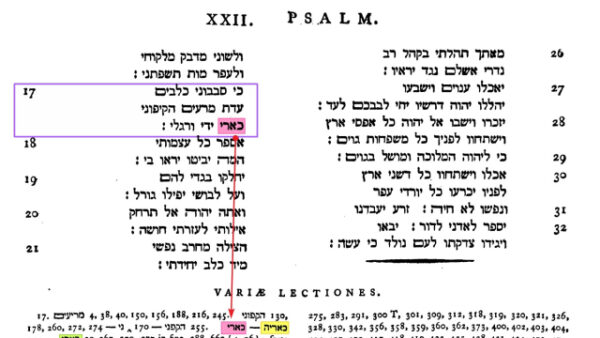 What is the meaning of the Hebrew word כארו as used in Psalm 22:17?